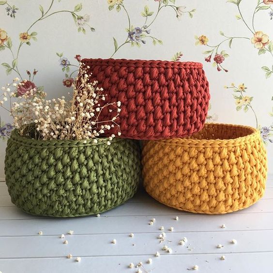 cesta de croche com fio de malha - DIY - artesanato - presente