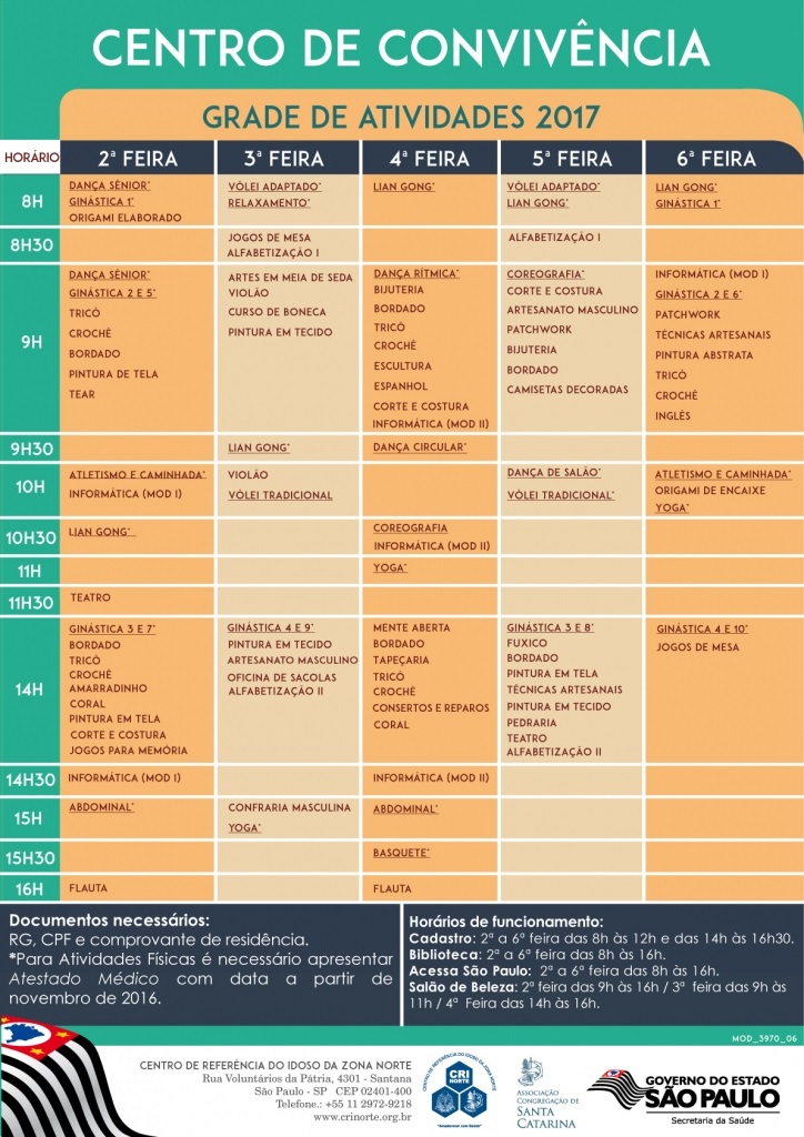 Centro de convivência para a terceira idade - grade de atividades 2017 - atividades para idosos grátis grade de atividade