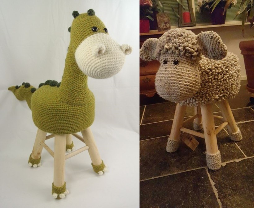 DiY - Banquinho de crochê ovelha e dinossauro