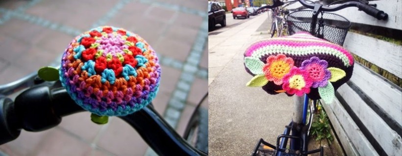 Ideias em crochê, capa de crochê para banco de bicicleta e buzina de bicicleta