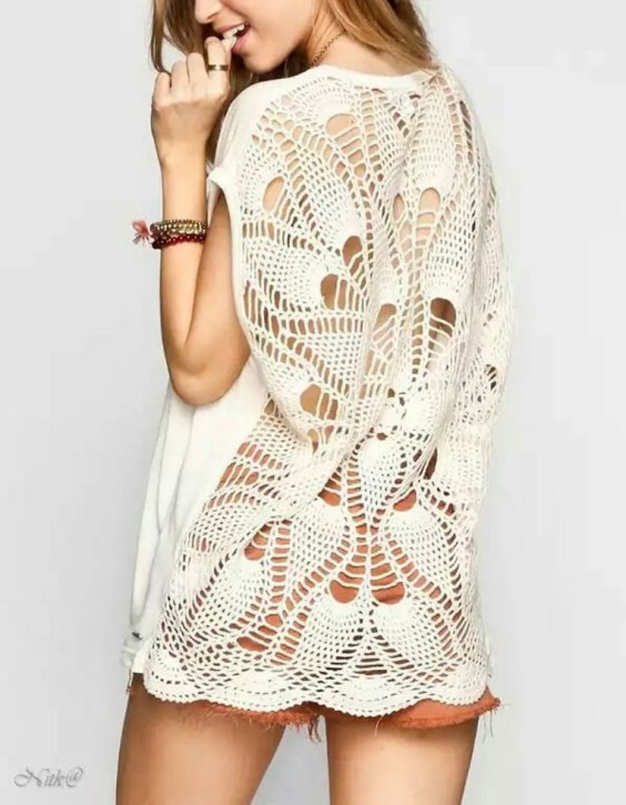 Para copiar : Blusa com detalhe nas costas com ponto abacaxi em crochê