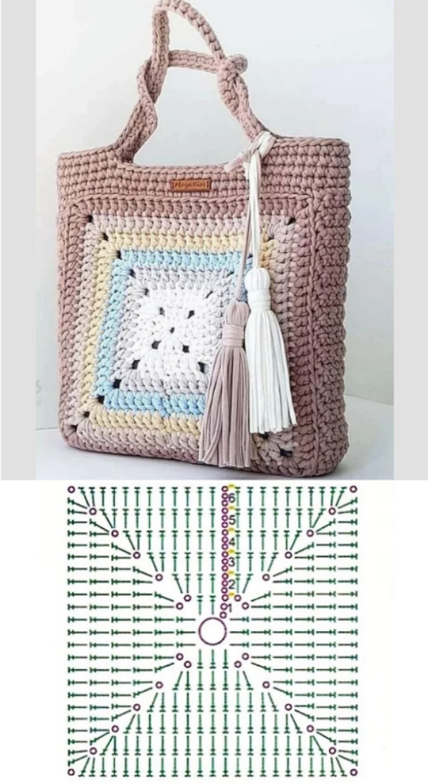 13 Modelos de Bolsa de Crochê com Quadrados +Gráfico