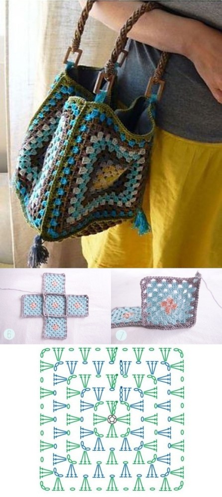 13 Modelos de Bolsa de Crochê com Quadrados +Gráfico