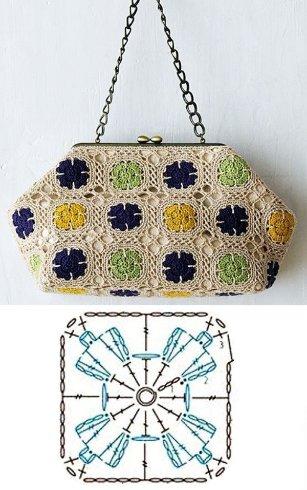 12 Modelos de Bolsas com Quadrado de Crochê com Gráfico