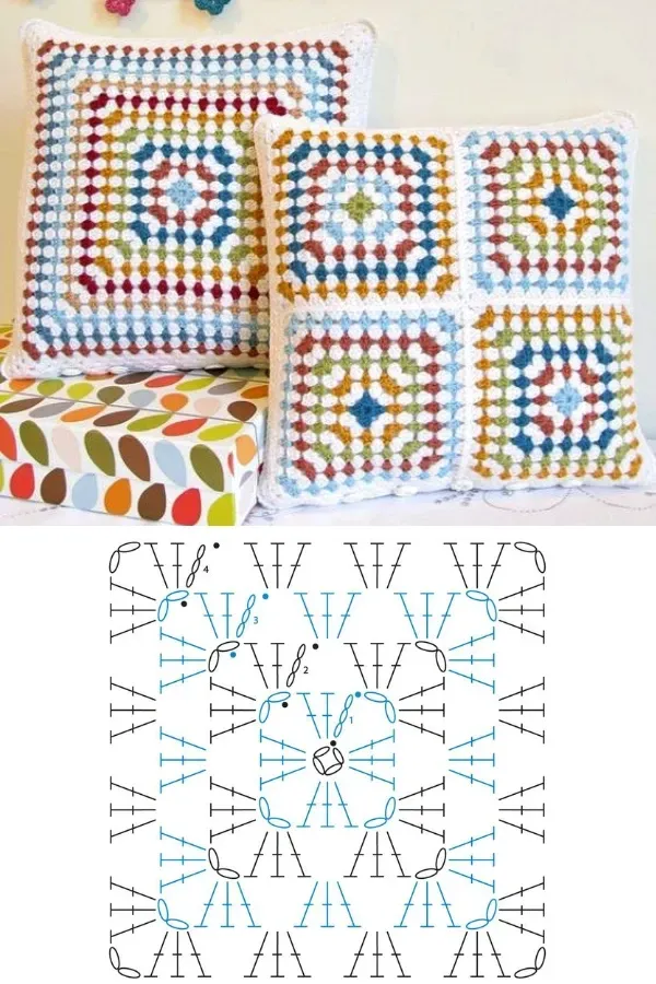 Lindos efeitos das almofadas com quadrados de crochê