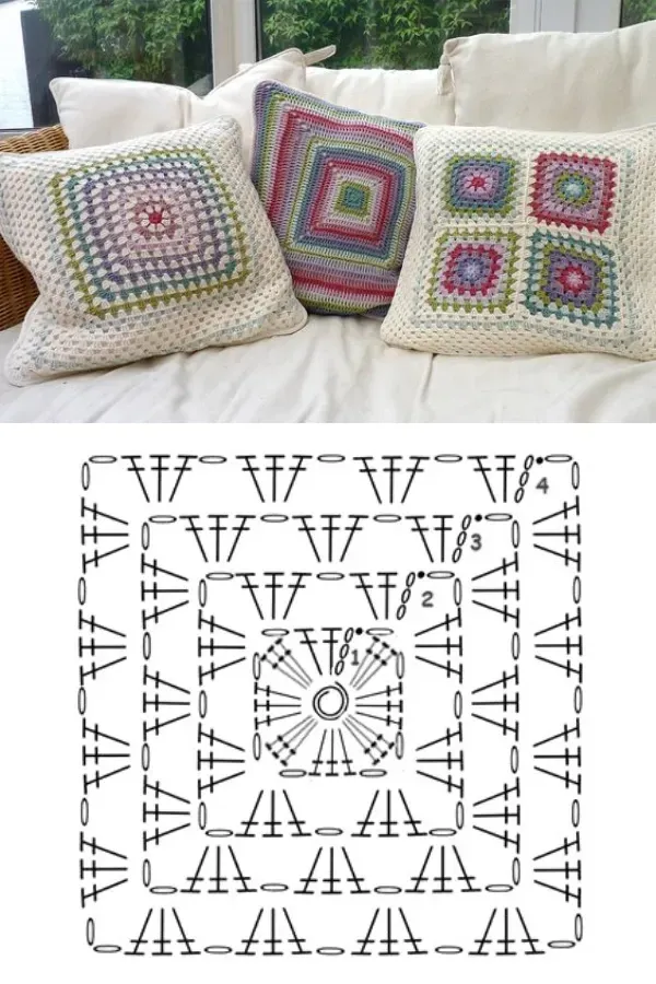 Lindos efeitos das almofadas com quadrados de crochê