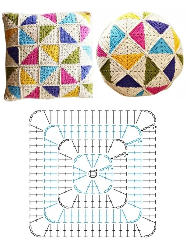 Lindos efeitos das almofadas com quadrados de crochê