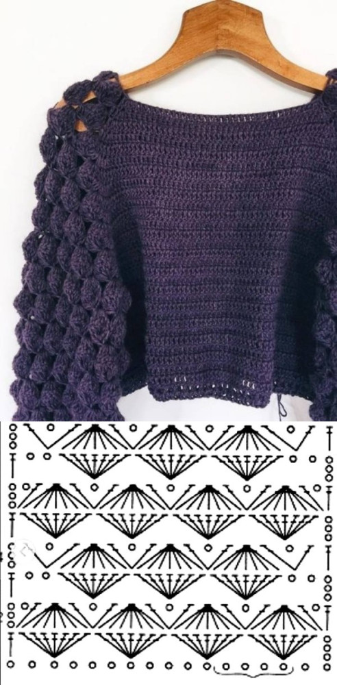 Blusa de crochê com ponto bolha gigante com gráfico do ponto