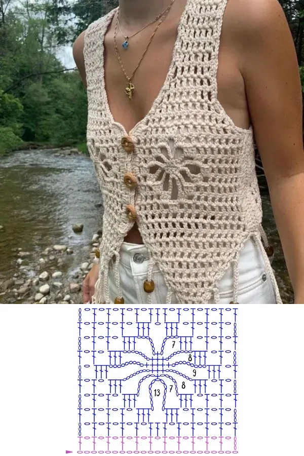 Ponto de crochê da moda: Ponto aranha com gráfico - top