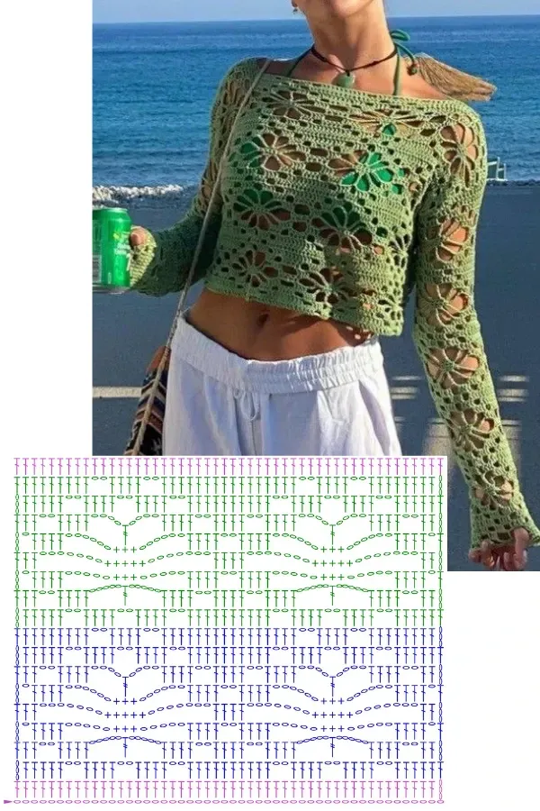 Ponto de crochê da moda: Ponto aranha com gráfico - top