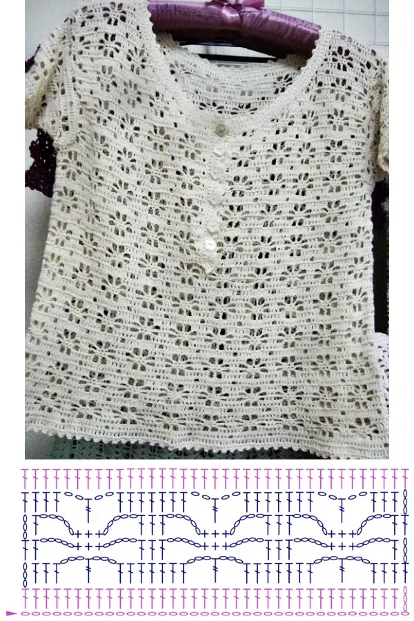 Ponto de crochê da moda: Ponto aranha com gráfico - blusa