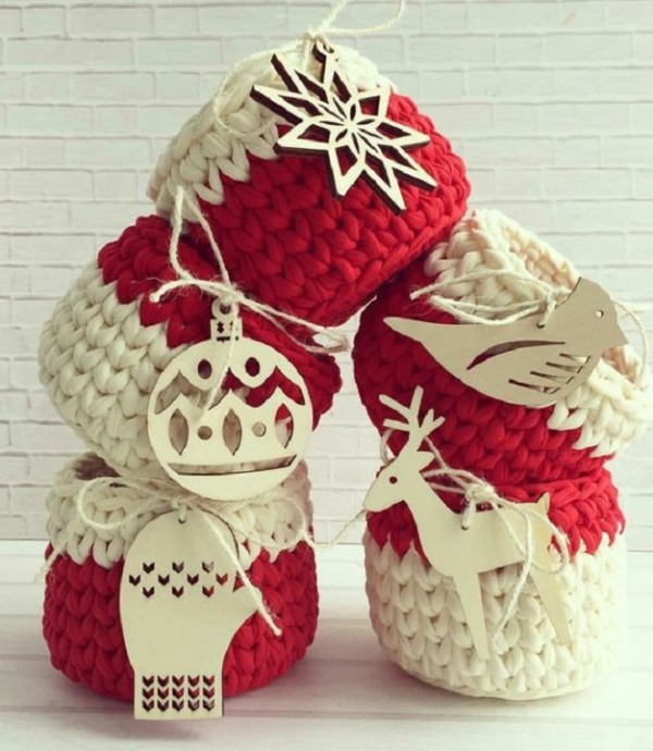 Lindos cestos de Natal com fio de malha - para presentear