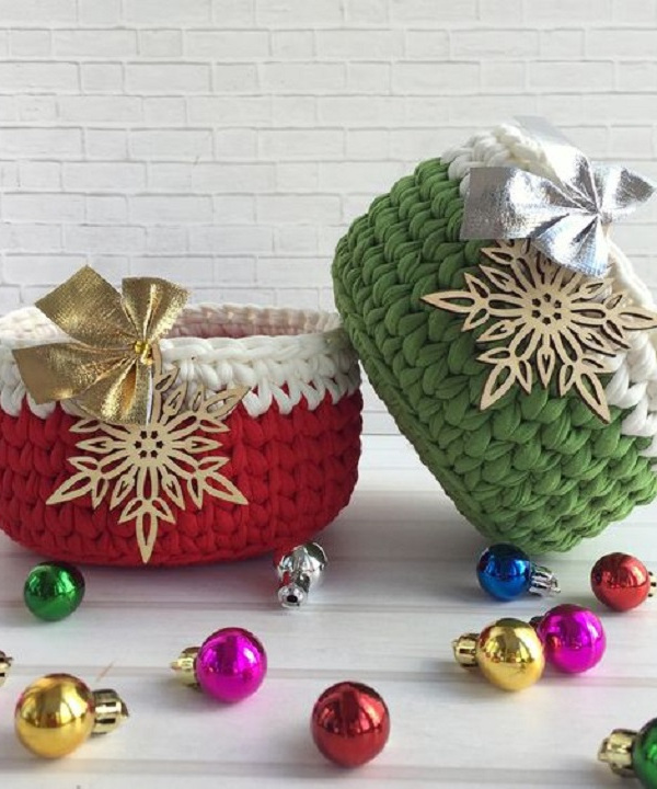 Kit presente com cestos de Natal com fio de malha