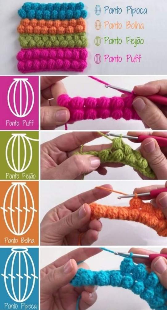 20 Valiosas dicas de crochê  - Diferença entre ponto pipoca, bolha, feijão , puff