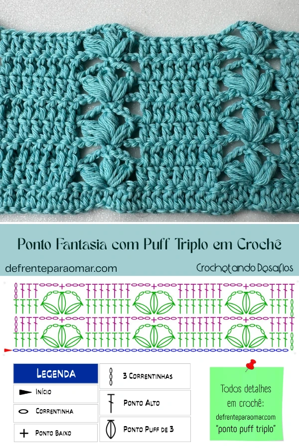 🧶Ponto Fantasia com Puff Triplo em Crochê: Tutorial Passo a Passo, Gráfico e PDF Grátis